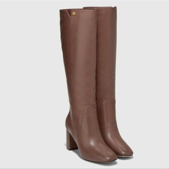 New COLE HAAN Chrystie Square brown tall block heel leather zip boots size 5